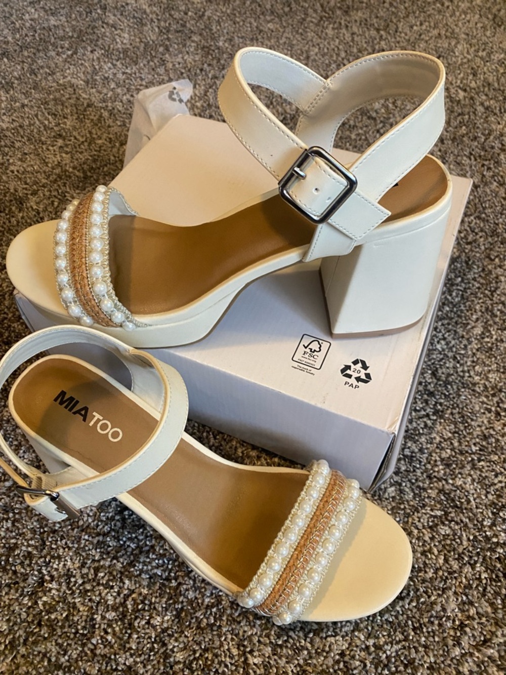 Cream Pearl-Embellished Block Heel Sandals